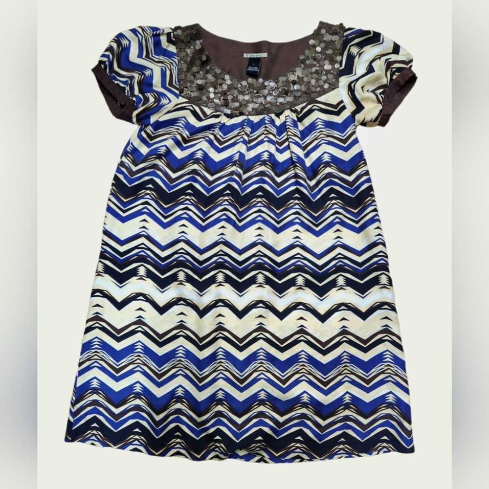 MAC + JAC Shift DRESS Blue Brown Sequins Neckline Silk Puffy Short Sleeves Sz 6